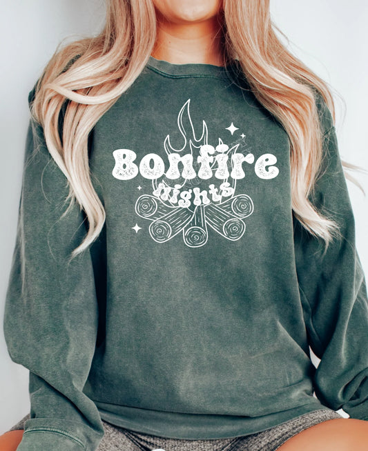 “Bonfire Nights Sweatshirt – cozy fall graphic sweatshirt for chilly autumn evenings, perfect for camping, bonfires, and cool-weather outfits.”