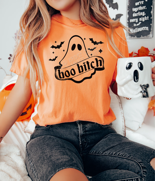 Boo Bitch T-shirt – Funny Halloween graphic tee with ghost design, trendy spooky season shirt for women & men from LDC Designz.