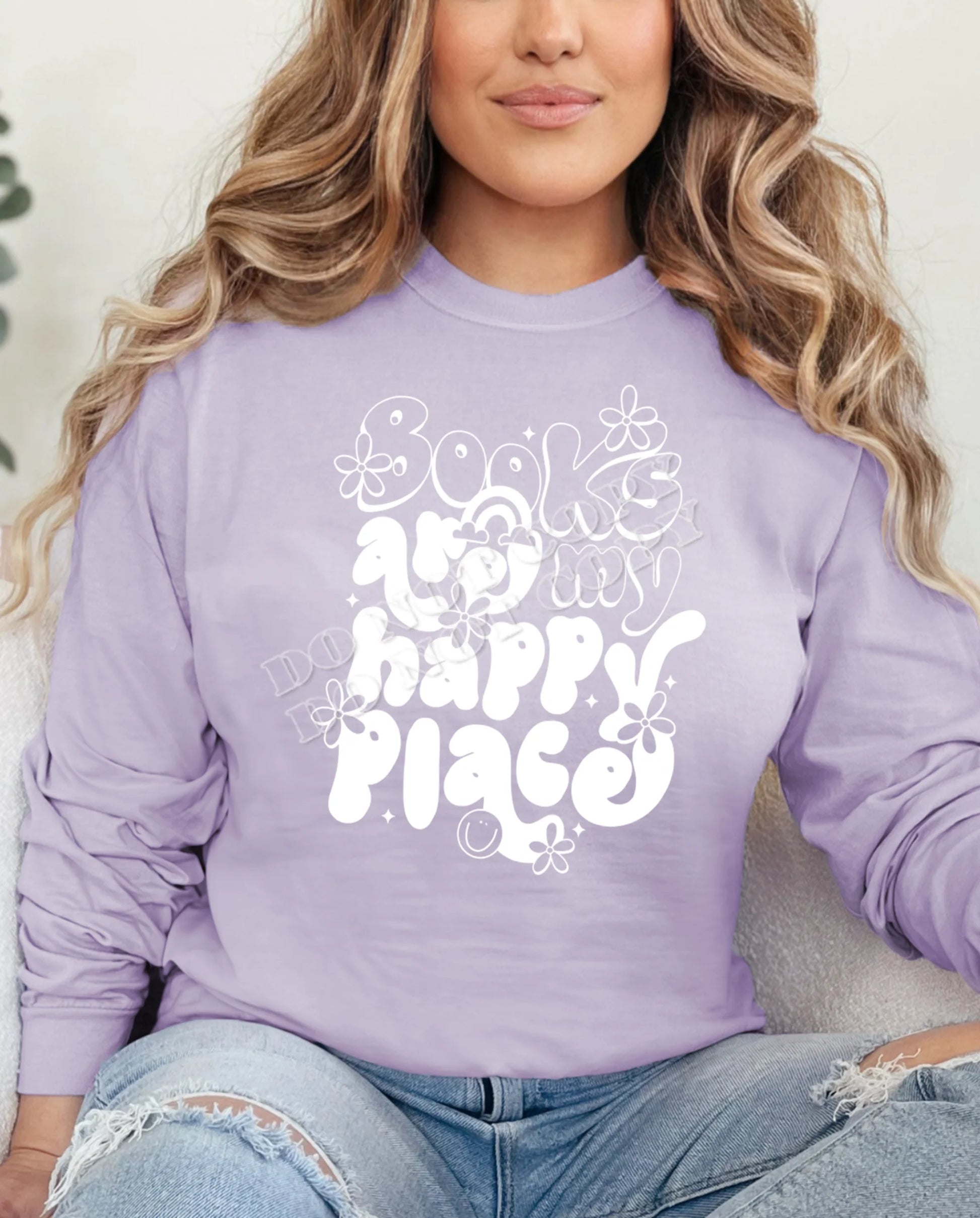 Books Are My Happy Place Sweatshirt – cozy cotton blend reading apparel for book lovers, teachers, students, and librarians with a cute literary graphic design.
