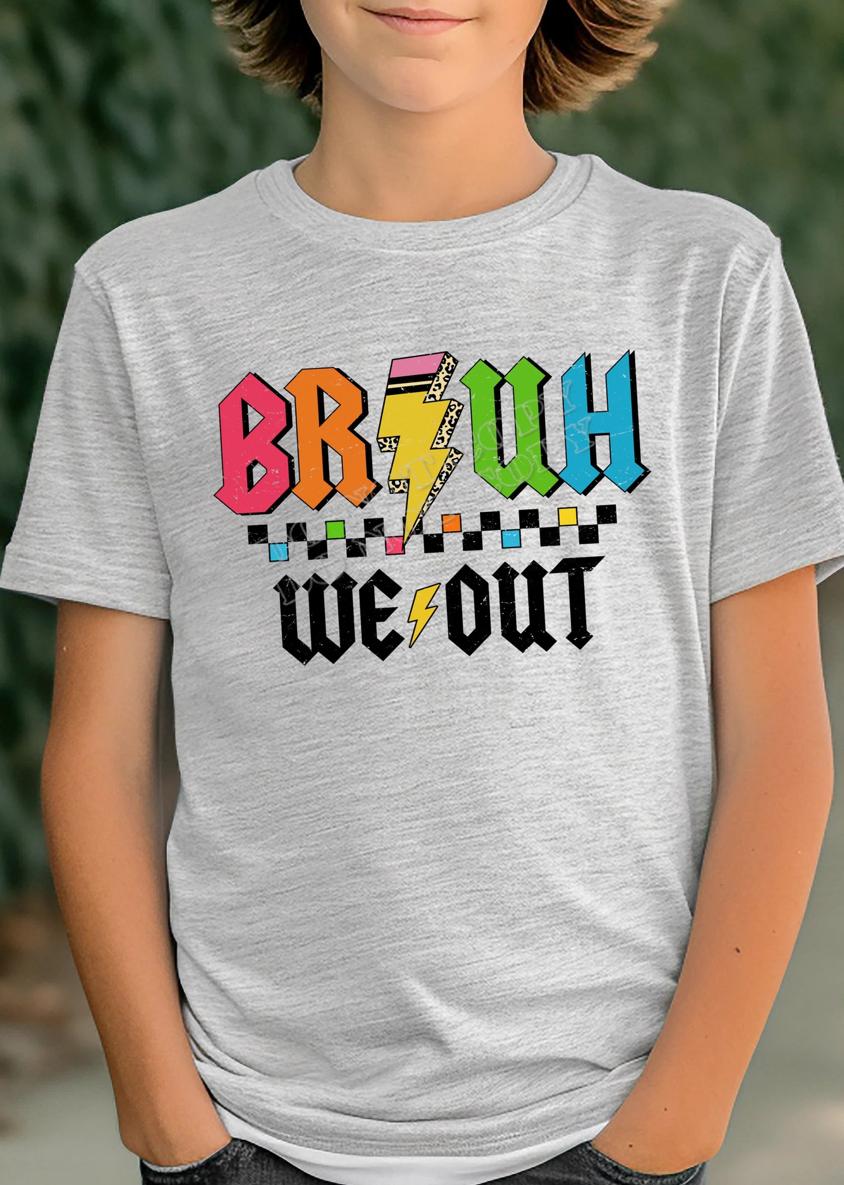 Bruh We Out Youth T-Shirt – funny kids' graphic tee with bold lettering, soft cotton unisex shirt for boys and girls, trendy youth apparel by LDC Designz.