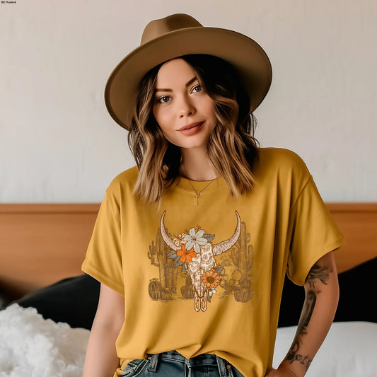 “Bull Skull Desert T-Shirt – Western graphic tee with rustic bull skull and desert design, southwestern rodeo cowboy shirt by LDC Designz.”