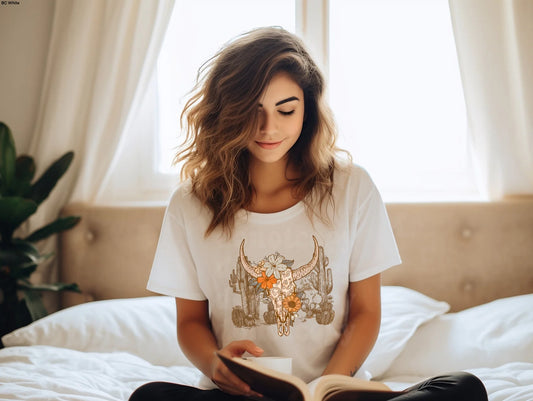 “Bull Skull Desert T-Shirt – Western graphic tee with rustic bull skull and desert design, southwestern rodeo cowboy shirt by LDC Designz”