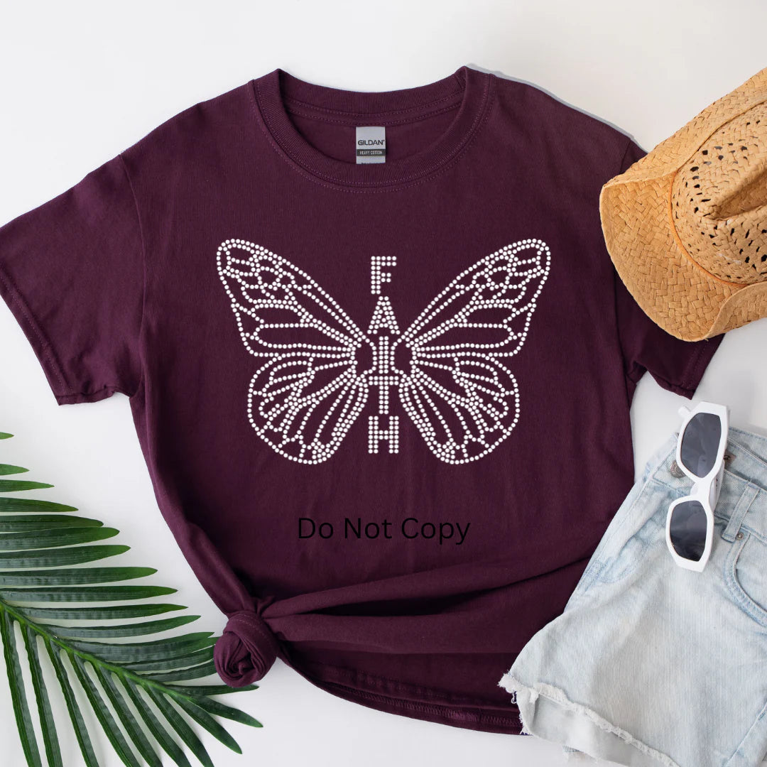 Butterfly Faith Rhinestone T-Shirt – Sparkling Christian Faith Graphic Tee with Rhinestone Butterfly and Faith Lettering by LDC Designz.