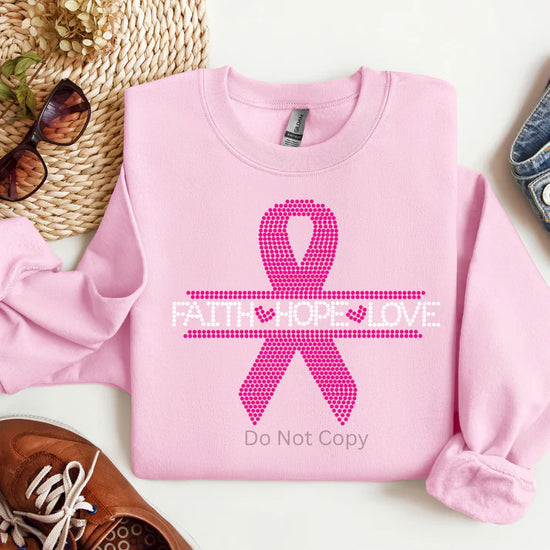 “Cancer Faith Hope Love Rhinestones Sweatshirt – Cancer Awareness Support Apparel with sparkling rhinestone design from LDC Designz”