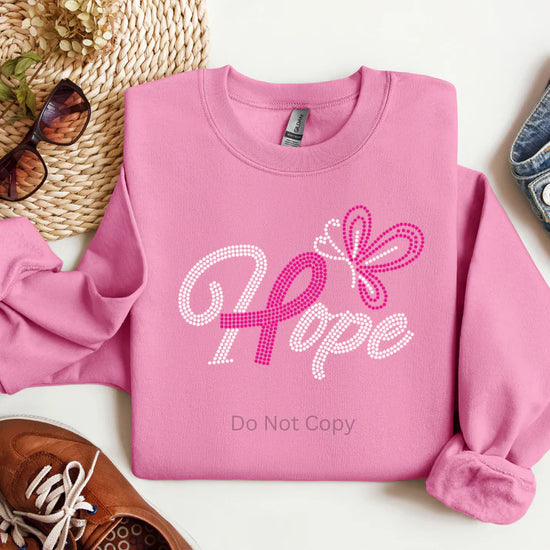 Cancer Hope Rhinestones Sweatshirt – cancer awareness rhinestone apparel from LDC Designz, inspirational “HOPE” sweatshirt with sparkling rhinestones for strength and support.