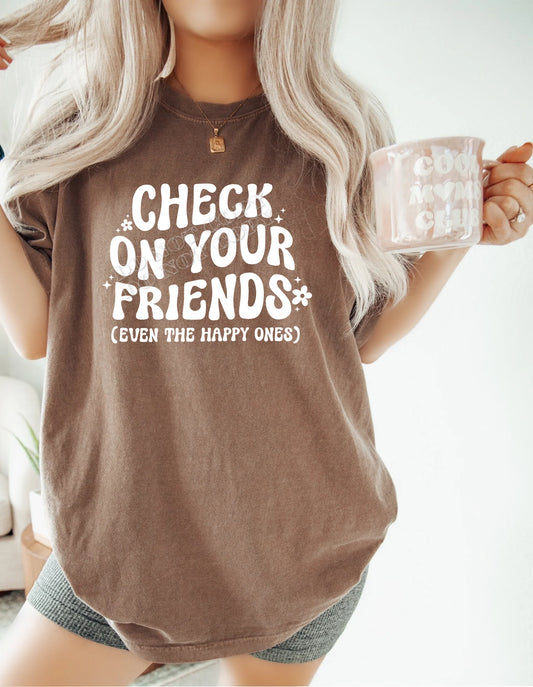 Check on Your Friends T-Shirt – Mental health awareness graphic tee with positive message, unisex fit, available in adult and youth sizes from LDC Designz.