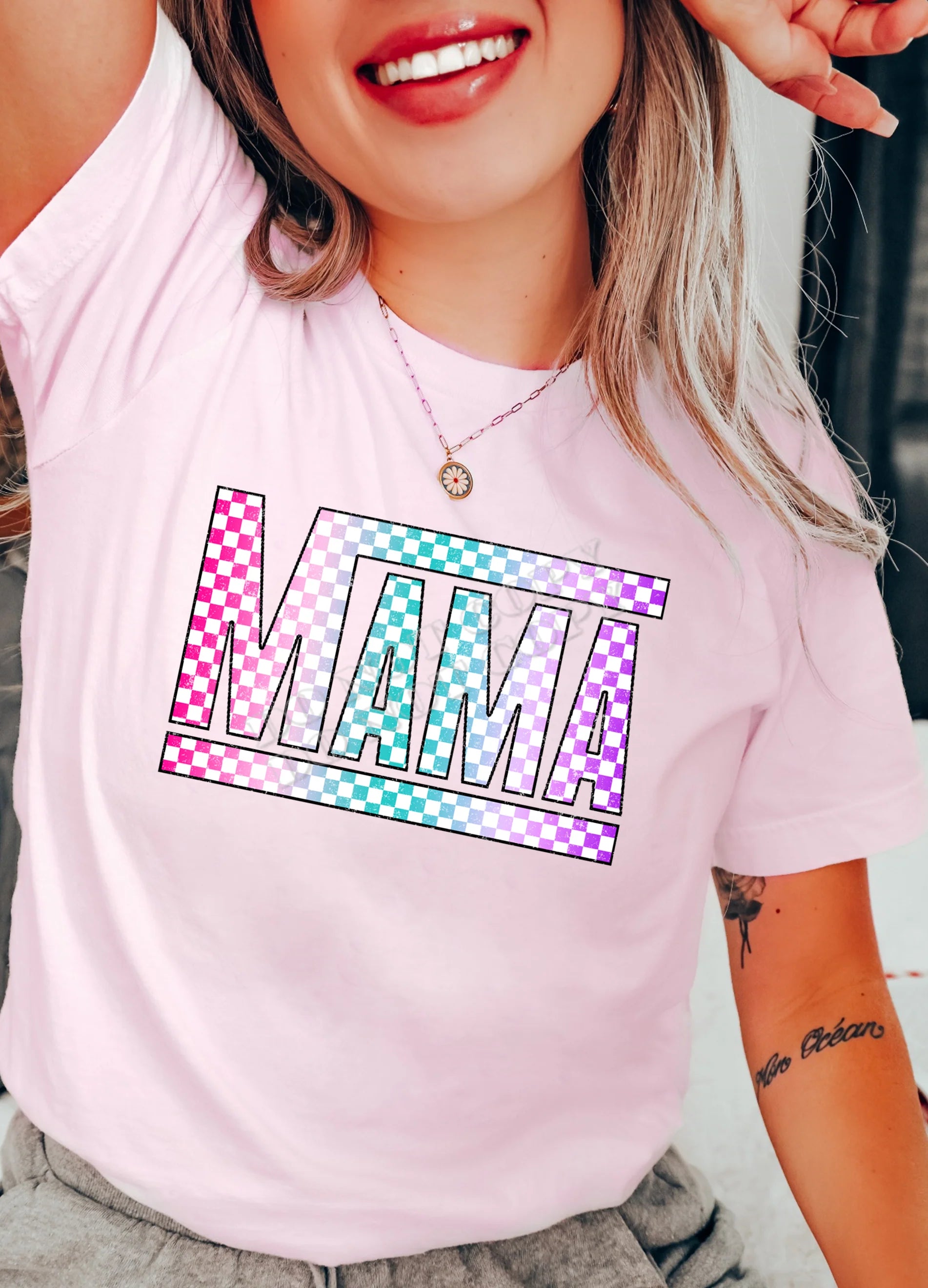 Colorful Checkered Mama T-Shirt – trendy graphic tee for moms with bold checkered design, comfortable cotton fit, and stylish casual wear by LDC Designz.