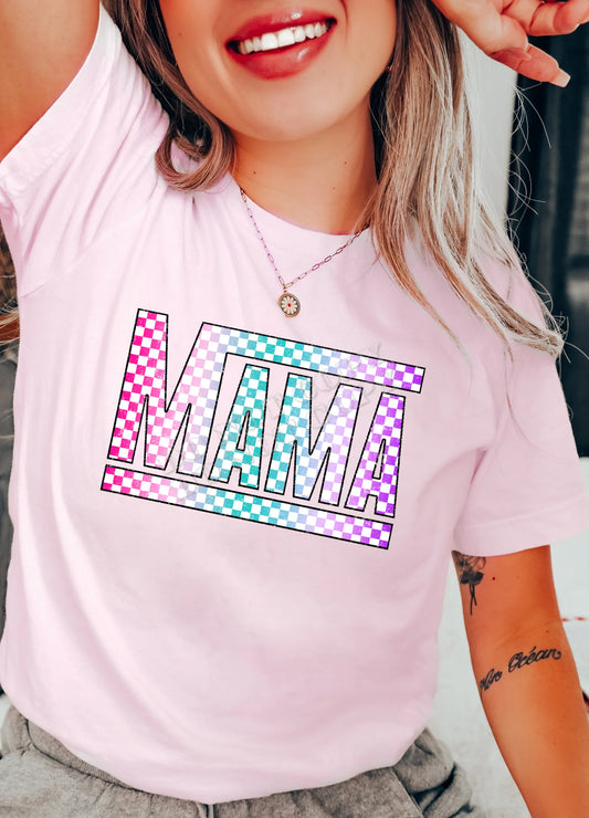 Colorful Checkered Mama T-Shirt – trendy graphic tee for moms with bold checkered design, comfortable cotton fit, and stylish casual wear by LDC Designz.
