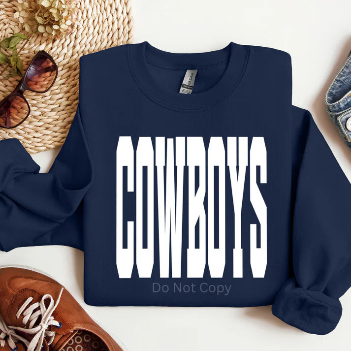 Navy blue Cowboys sweatshirt with bold vertical white western lettering, unisex cowboy crewneck sweatshirt by LDC Designz for rodeo and western fashion lovers.