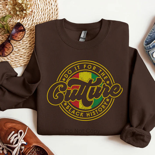 Do It For The Culture rhinestone sweatshirt featuring a colorful cultural design on a brown unisex sweatshirt by LDC Designz.