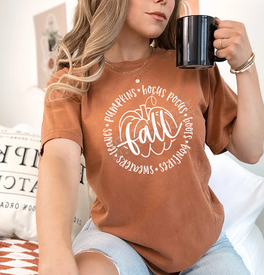 Fall Hocus Pocus pumpkins bonfire t-shirt, cozy autumn graphic tee, cute fall season shirt, pumpkin spice outfit, women’s fall fashion LDC Designz.