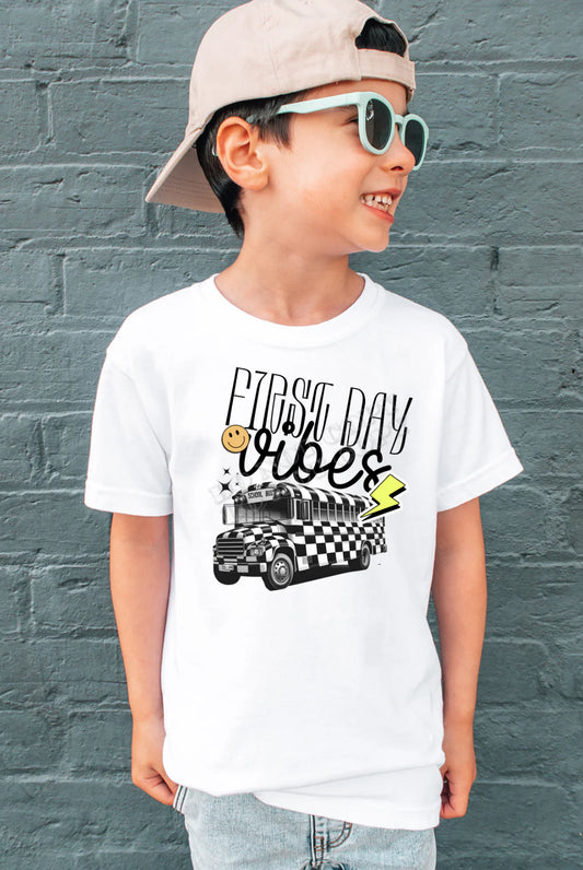 First Day Vibes Youth T-Shirt – back to school kids graphic tee featuring bold lettering, perfect for first day of school outfits and classroom photos from LDC Designz.