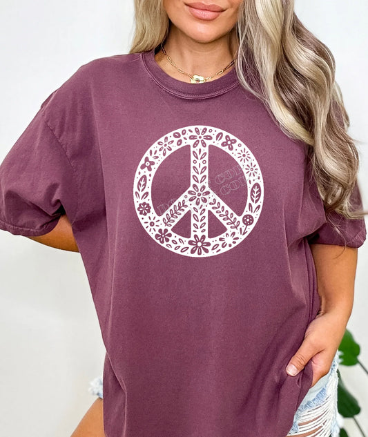 Flower Peace Sign T-Shirt – retro hippie boho graphic tee with colorful floral peace sign design, casual festival shirt by LDC Designz.