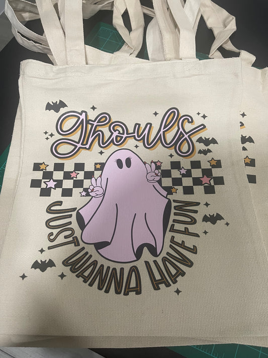 "Ghouls Want to Have Fun Halloween tote bag with spooky ghost graphic – eco-friendly gothic accessory for horror lovers and spooky season style"