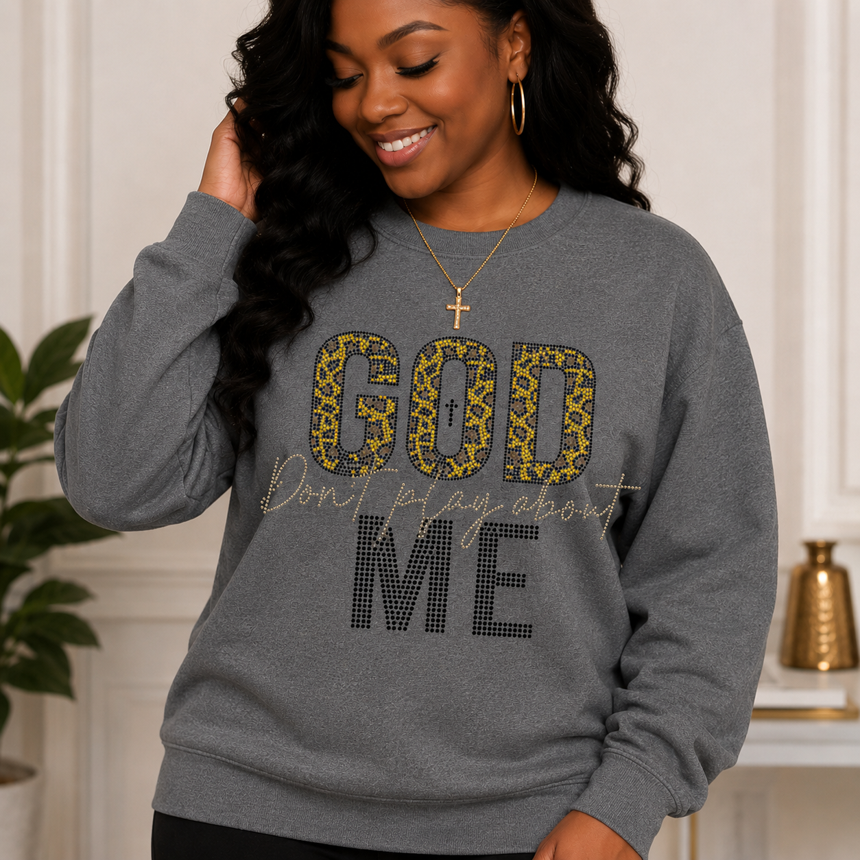 God Don't Play About Me – Black/Gold Rhinestone Collection