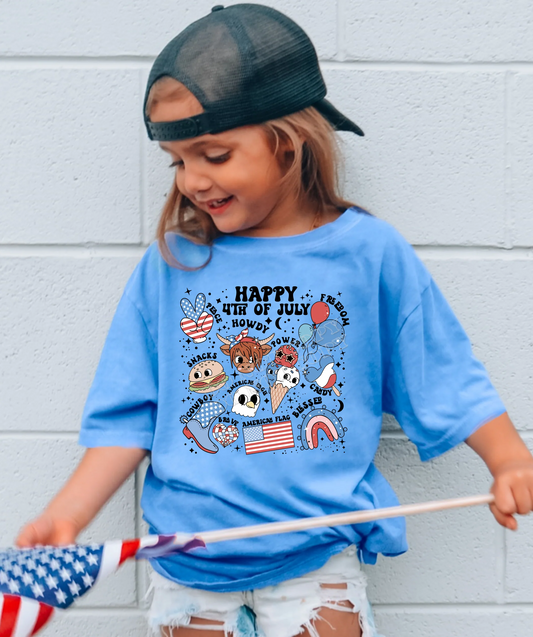 Happy 4TH Youth T-Shirt – patriotic red, white and blue kids’ shirt for 4th of July celebrations, parades, and family events by LDC Designz.