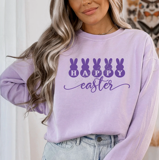 Happy Easter Purple Bunnies Sweatshirt – Christian Easter bunny graphic pullover in purple, festive spring holiday sweatshirt for family celebrations.