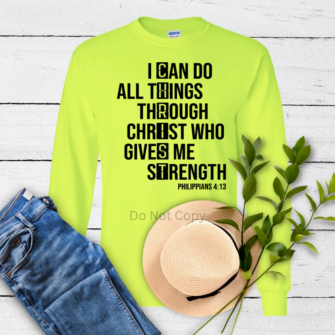 I Can Do All Things sweatshirt featuring Philippians 4:13 Christian Bible verse printed on a bright green unisex faith-based sweatshirt by LDC Designz