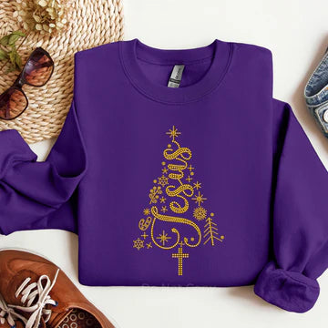 Jesus Tree Rhinestone Sweatshirt featuring a sparkling Christian Christmas tree design spelling Jesus with a cross, faith-based holiday apparel by LDC Designz.