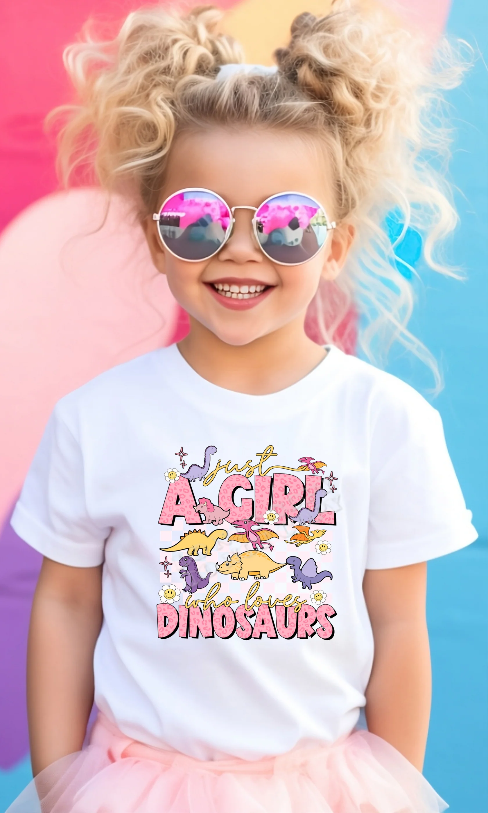 Just a Girl Who Loves Dinosaurs T-Shirt by LDC Designz featuring cute dinosaur print, soft cotton fabric, and fun girls dino graphic tee for all ages.