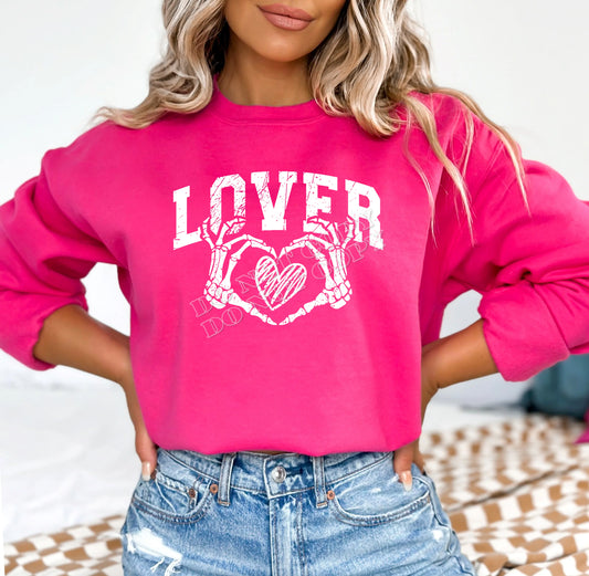 LOVER with Skull Hands Sweatshirt – unisex gothic love sweatshirt with skull hands forming the word LOVER, perfect for edgy streetwear, Valentine’s Day outfits, and alternative fashion lovers.