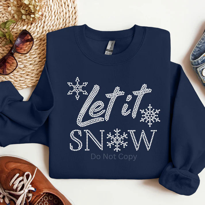 Navy Let It Snow rhinestone sweatshirt with sparkling snowflake design, cozy winter holiday sweatshirt by LDC Designz.