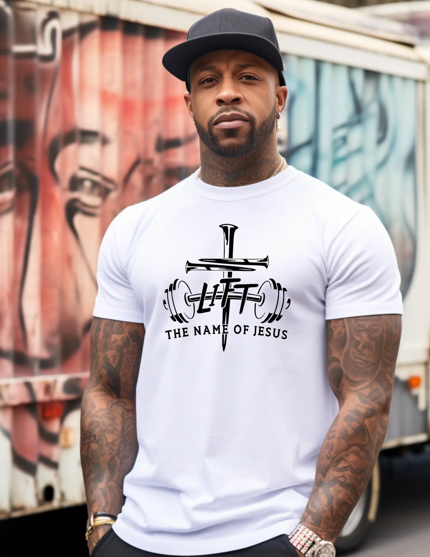 Lift the Man of Jesus Christian T-Shirt — inspirational faith-based workout tee with bold Jesus design from LDC Designz.