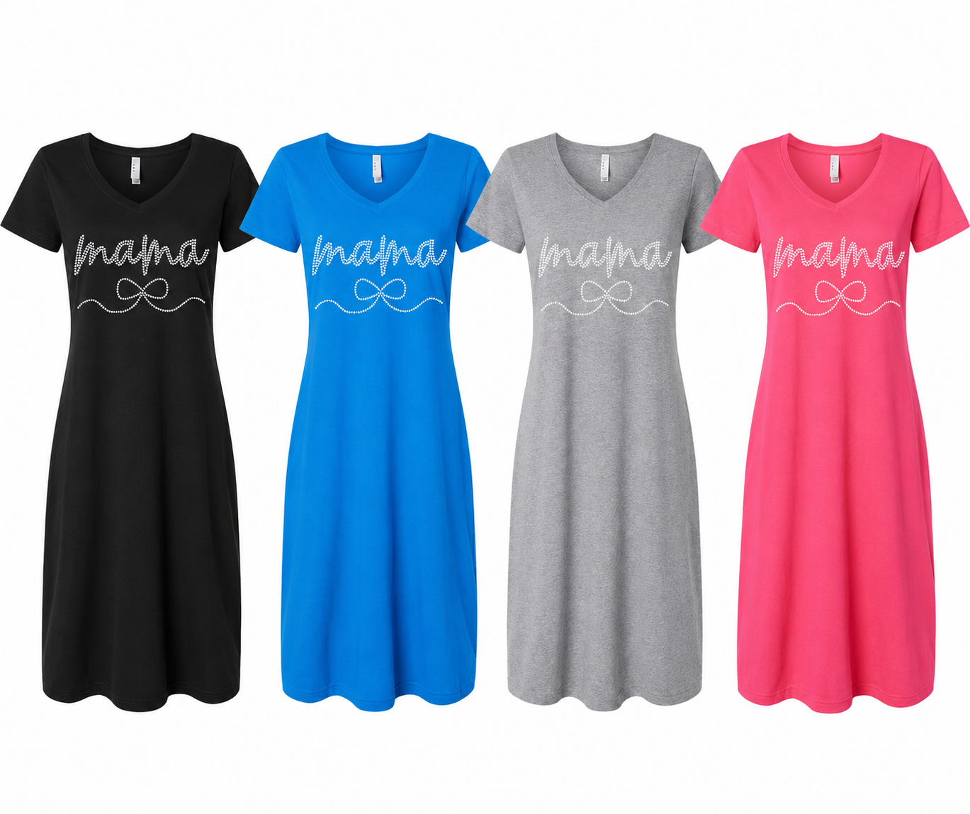 Mama Pearl rhinestone bow dress for women in black, cobalt blue, gray, and hot pink – stylish V-neck casual mom life graphic dress with sparkling mama design