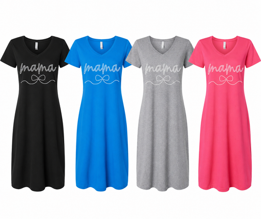 Mama Pearl rhinestone bow dress for women in black, cobalt blue, gray, and hot pink – stylish V-neck casual mom life graphic dress with sparkling mama design
