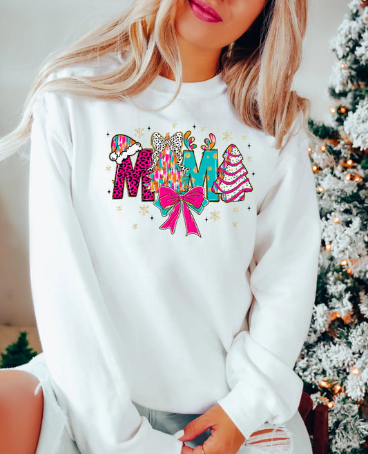 Mama Christmas Bow Sweatshirt featuring festive red bow design, perfect Christmas sweatshirt for moms, cozy holiday sweater for women.