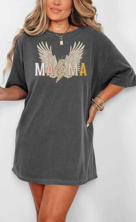Mama Wings T-shirt with winged graphic design, comfortable cotton mom tee from LDC Designz, perfect gift for mothers, casual and stylish shirt for moms.