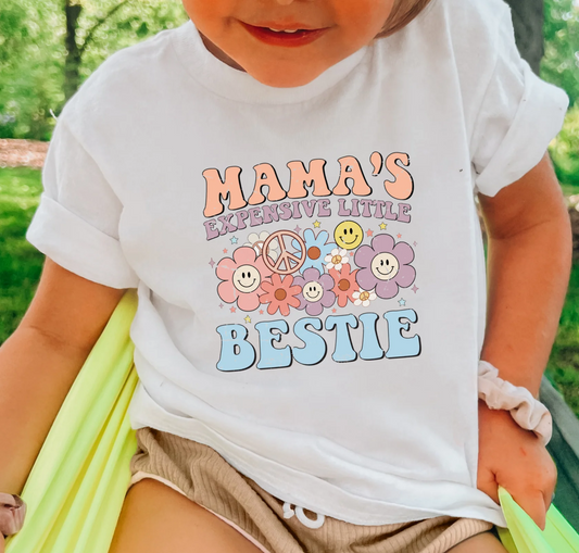 Mama’s Expensive Little Bestie toddler and youth graphic t-shirt – cute mommy and me matching shirt for girls, soft cotton boutique kids’ tee from LDC Designz.