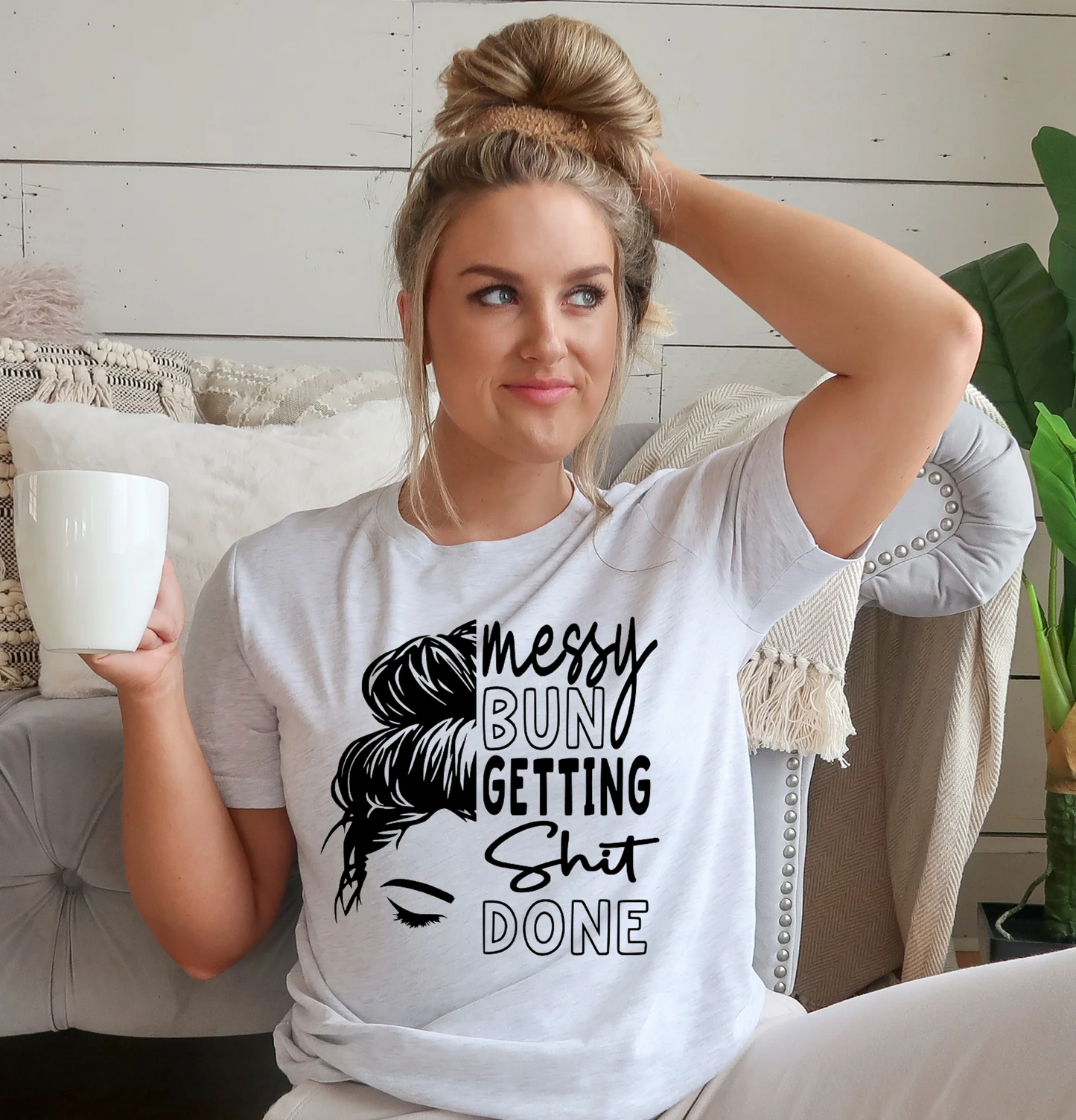 Messy Bun Getting Shit Done T-Shirt – motivational women’s graphic tee for moms, entrepreneurs, and hustlers by LDC Designz. Comfortable cotton shirt with empowering lifestyle design.
