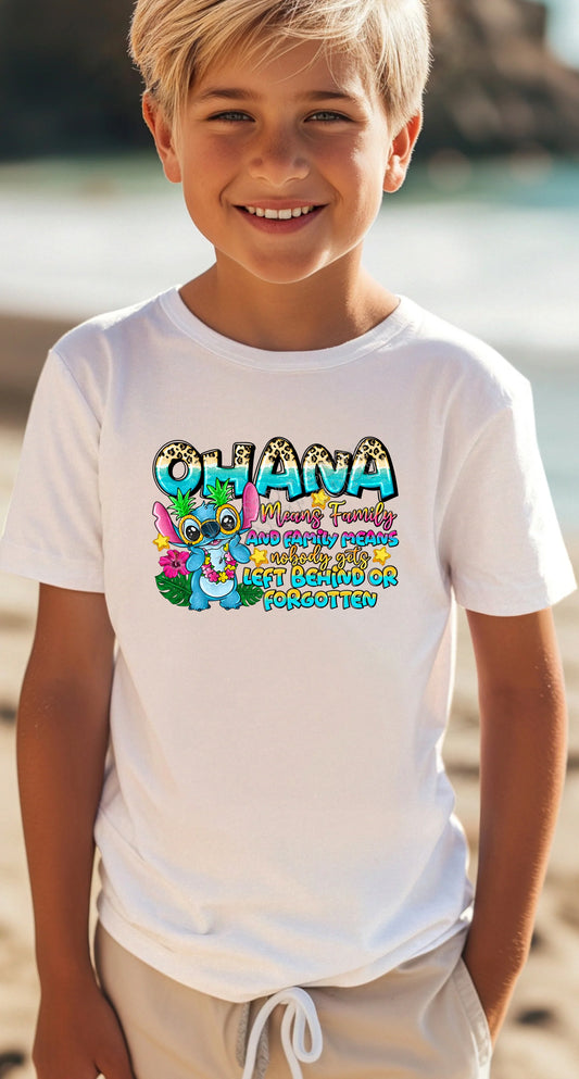 Ohana youth t-shirt – family inspired kids' graphic tee with Hawaiian “Ohana means family” design, soft cotton youth shirt for everyday wear and family photos.