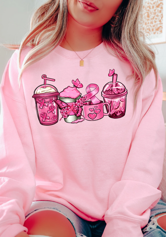 Pink Ribbon Cups T-shirt featuring pink ribbon graphics on cups – Breast Cancer Awareness Shirt for women and supporters.