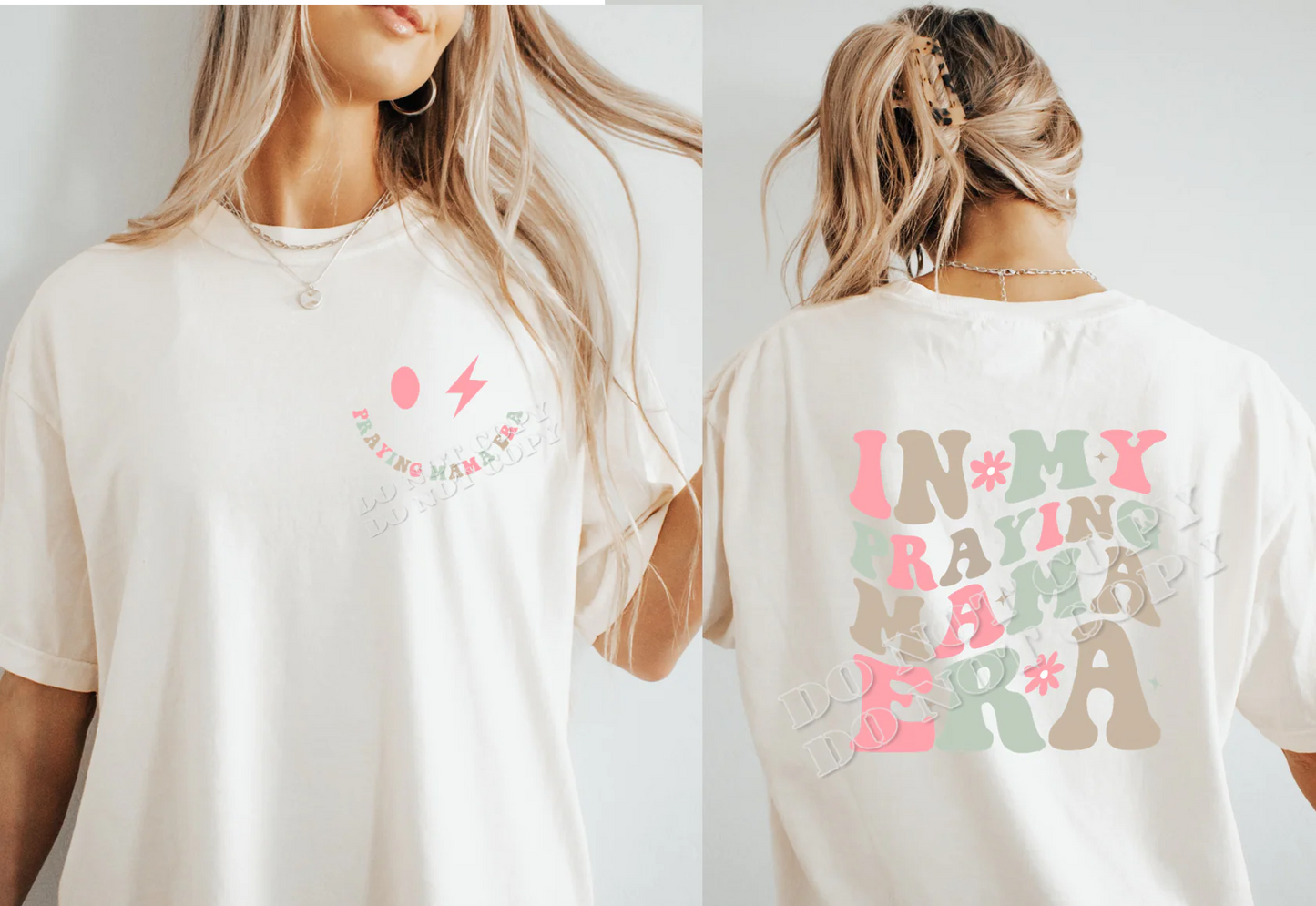 Praying Mama Era graphic t-shirt for women featuring retro pastel lettering with front and back design, faith-based Christian mom apparel from LDC Designz