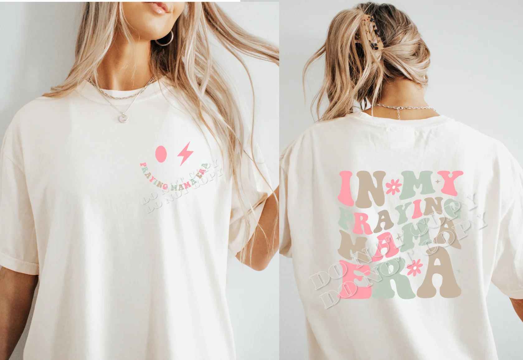 Praying Mama Era graphic t-shirt for women featuring retro pastel lettering with front and back design, faith-based Christian mom apparel from LDC Designz