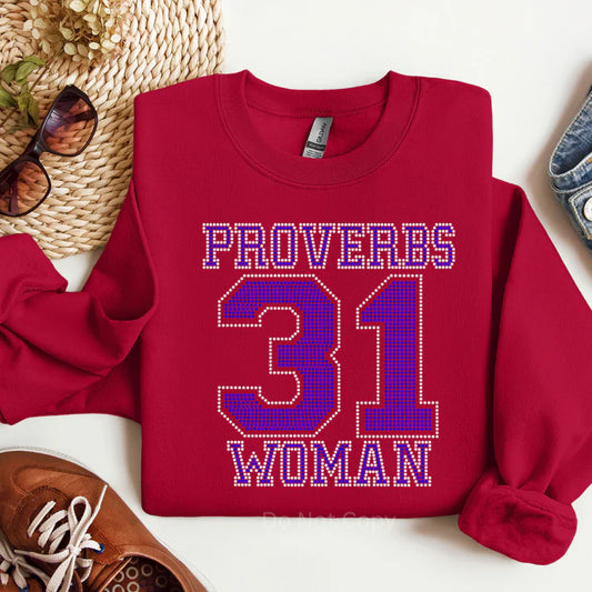 Proverbs 31 Woman Rhinestone Sweatshirt – Christian faith-based sparkle sweatshirt for women by LDC Designz, featuring rhinestone Bible verse design in red, pink, blue, and green colors.