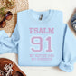 Psalm 91 “My Refuge and My Fortress” Rhinestone Sweatshirt in pink, light blue, denim blue, and navy — Christian faith apparel with sparkling rhinestone scripture design by LDC Designz.