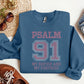 Psalm 91 “My Refuge and My Fortress” Rhinestone Sweatshirt in pink, light blue, denim blue, and navy — Christian faith apparel with sparkling rhinestone scripture design by LDC Designz.
