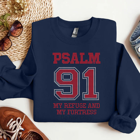 Psalm 91 “My Refuge and My Fortress” Rhinestone Sweatshirt in pink, light blue, denim blue, and navy — Christian faith apparel with sparkling rhinestone scripture design by LDC Designz.