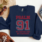 Psalm 91 “My Refuge and My Fortress” Rhinestone Sweatshirt in pink, light blue, denim blue, and navy — Christian faith apparel with sparkling rhinestone scripture design by LDC Designz.