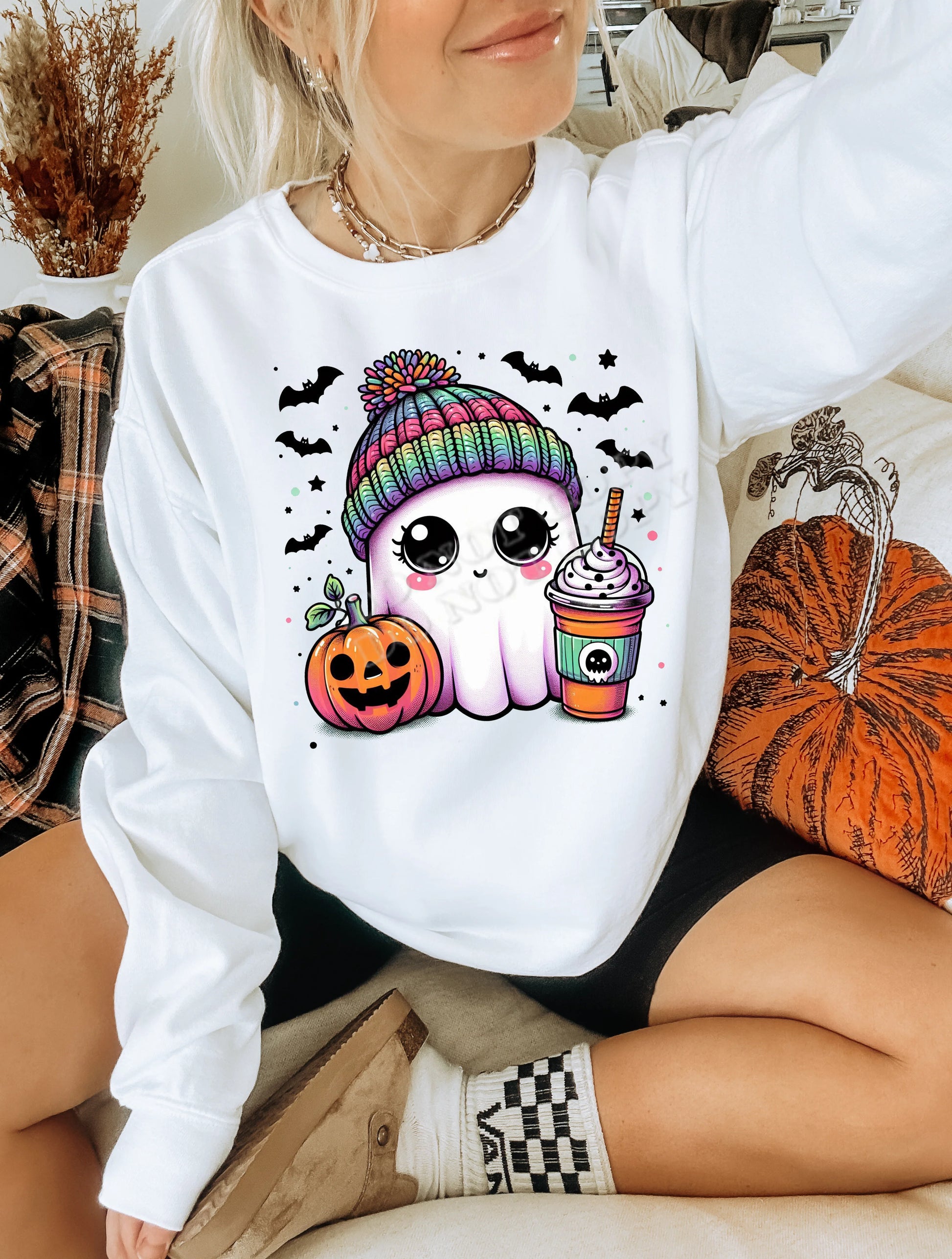 Rainbow Beanie Ghost T-Shirt – cute Halloween ghost wearing colorful beanie on unisex fall tee from LDC Designz.