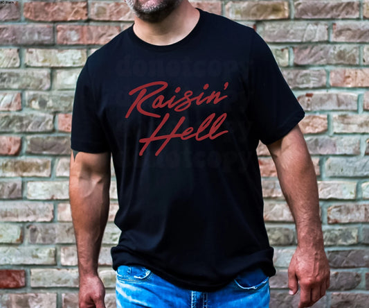 Raising Hell (Red Ink) T-Shirt – edgy unisex graphic tee in bold red lettering, perfect for streetwear, concerts, and festival outfits – LDC Designz.