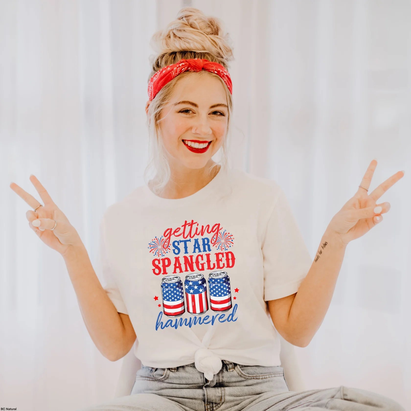 Star-Spangled Hammered T-Shirt – Funny Patriotic Graphic Tee in red, white, and blue design, perfect for 4th of July, Memorial Day, and summer BBQ celebrations.
