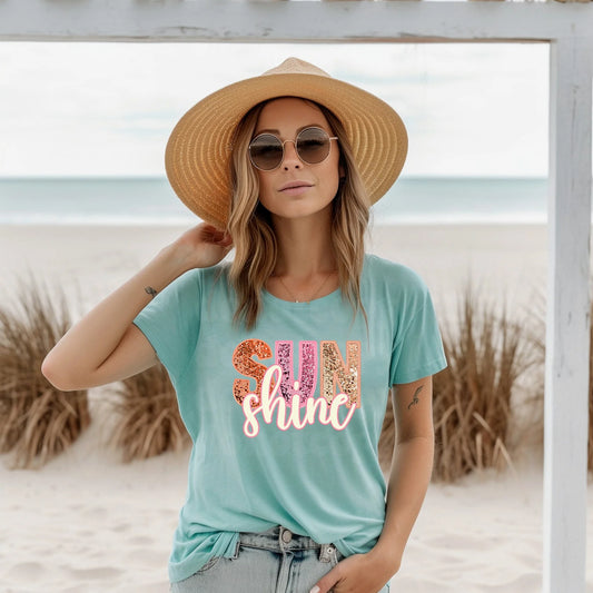 Sunshine Faux Sequins T-Shirt – cheerful sparkle sunshine graphic tee, unisex summer fashion top by LDC Designz.
