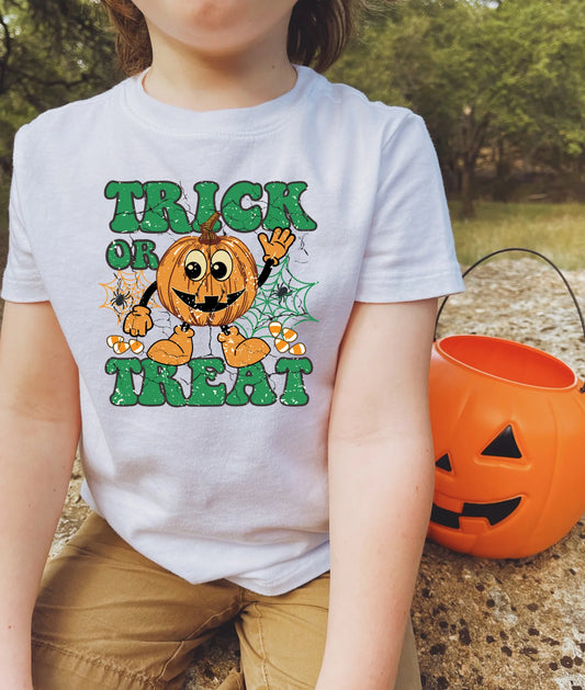 Trick or Treat T-Shirt – Custom Halloween graphic tee with spooky design, perfect for kids, toddlers, and adults for Halloween parties and trick-or-treating.