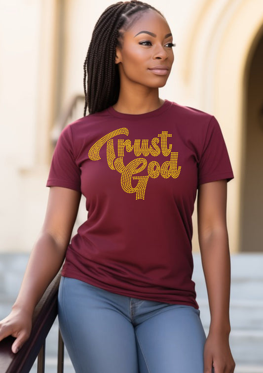 "Trust God Rhinestone T-Shirt – Christian inspirational graphic tee with sparkling rhinestones, faith-based apparel for women and men"