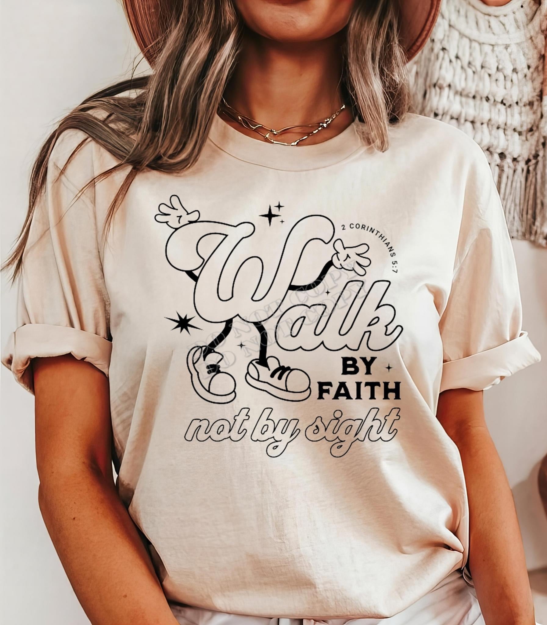 Walk by Faith T-Shirt – Inspirational Christian graphic tee with faith-based design from LDC Designz. Comfortable religious shirt for men and women.