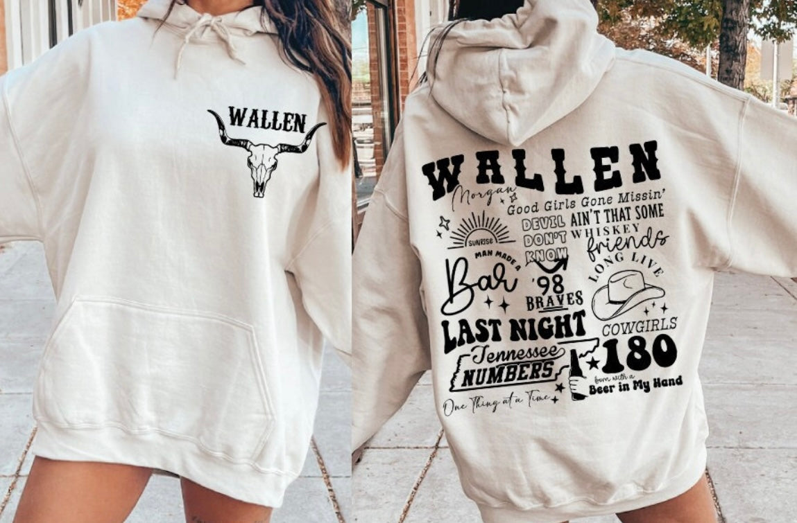 Wallen Bull Skull Retro Western Sweatshirt with front and back bold bull skull graphics, perfect for country music fans and rustic fall outfits.